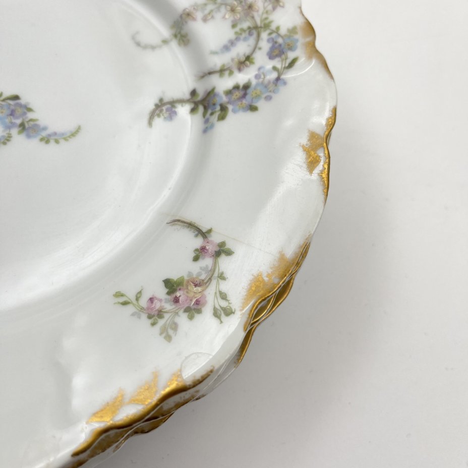 Набор десертных тарелок с цветочным декором на 6 персон, фарфор, деколь с подрисовкой, золочение, Limoges, Франция, 1900-1920 гг.