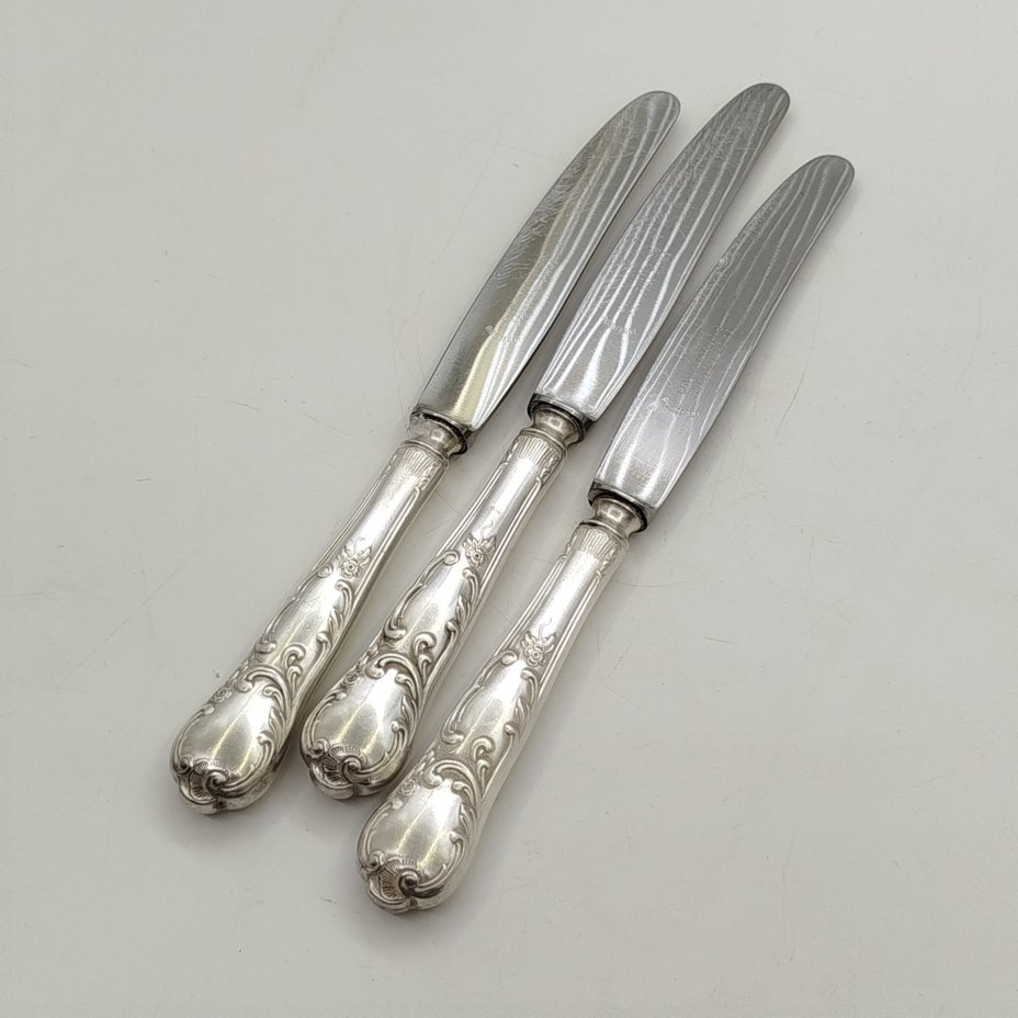 Набор из 3 столовых ножей с растительным декором, металл, серебрение, лезвие Solingen, Fritz Millhoff, Германия, 1950-1970 гг.