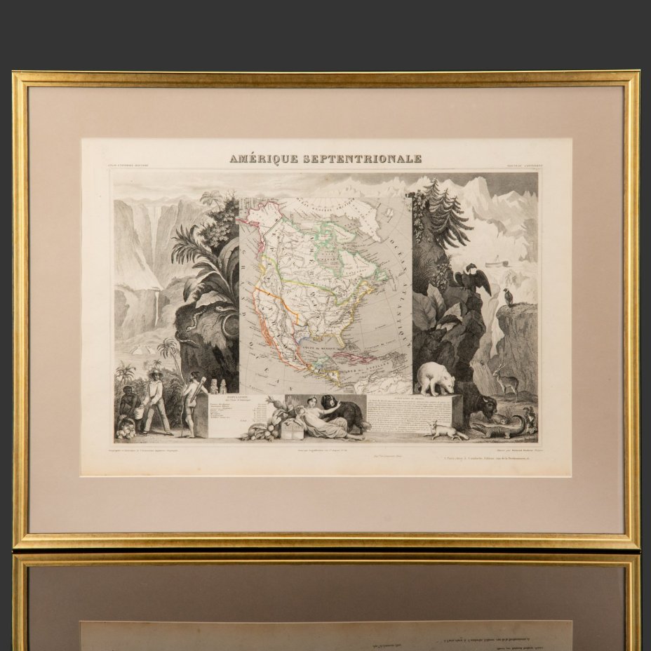 Гравюра "Карта Северной Америки (с республикой Техас)" в раме, автор Виктор Левассер (Victor Levasseur)