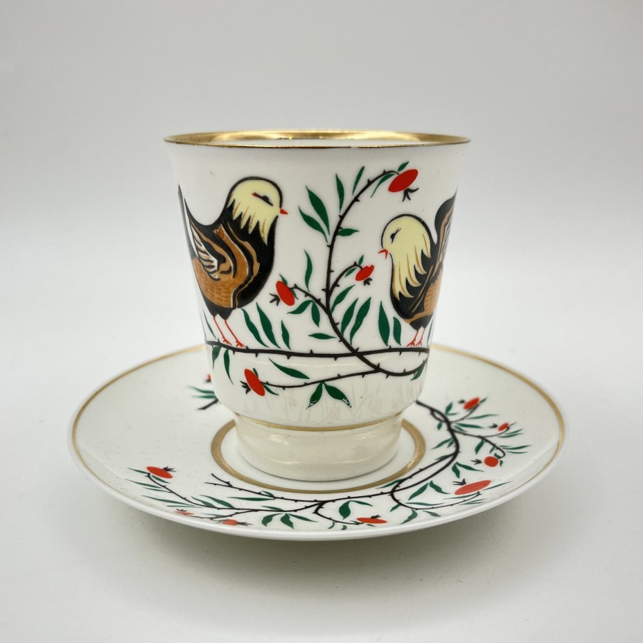 Пара кофейная "Птички", автор рисунка А.В. Щекатихина-Потоцкая, фарфор, деколь, золочение, Ленинградский фарфоровый завод (ЛФЗ), СССР, 1970-1986 гг.