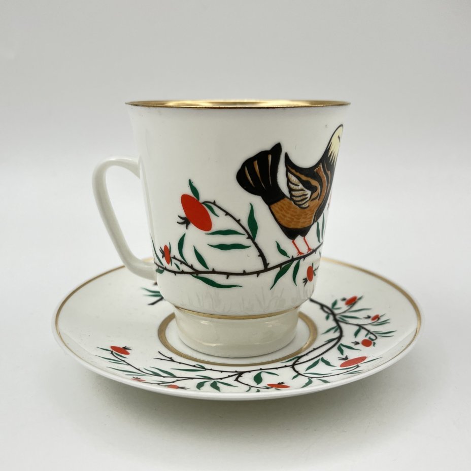 Пара кофейная "Птички", автор рисунка А.В. Щекатихина-Потоцкая, фарфор, деколь, золочение, Ленинградский фарфоровый завод (ЛФЗ), СССР, 1970-1986 гг.