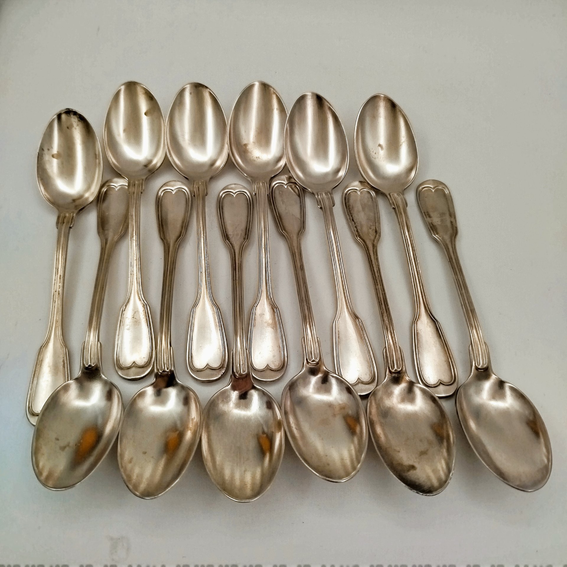 Набор чайных ложек на 12 персон в кофре, металл, серебрение, картон, Западная Европа, 1930-1950 гг.