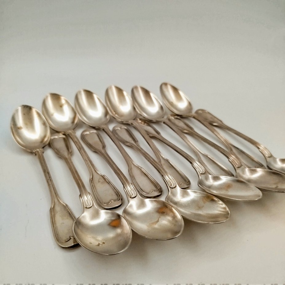 Набор чайных ложек на 12 персон в кофре, металл, серебрение, картон, Западная Европа, 1930-1950 гг.