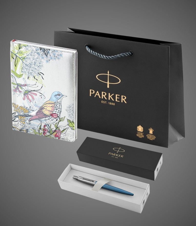 Подарочный набор: Шариковая ручка Parker Jotter Essential, Waterloo Blue CT и Ежедневник недатированный серебристый, Лаки и смолы: лак, нержавеющая сталь