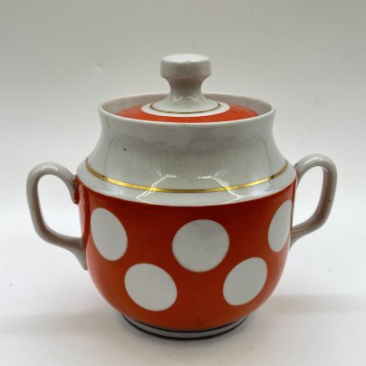 Сахарница с декором в горох, фарфор, крытье, золочение, Довбышский фарфоровый завод (Довбыш), СССР, 1970 г.