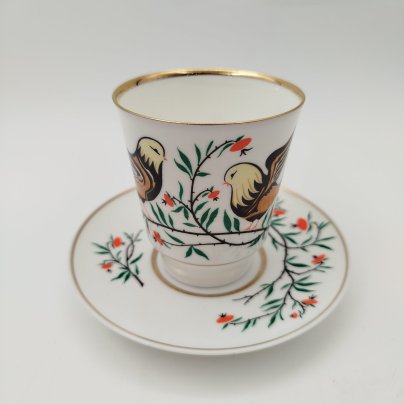 Пара кофейная "Птички", автор рисунка А.В. Щекатихина-Потоцкая, фарфор, деколь, золочение, Ленинградский фарфоровый завод (ЛФЗ), СССР, 1970-1986 гг.