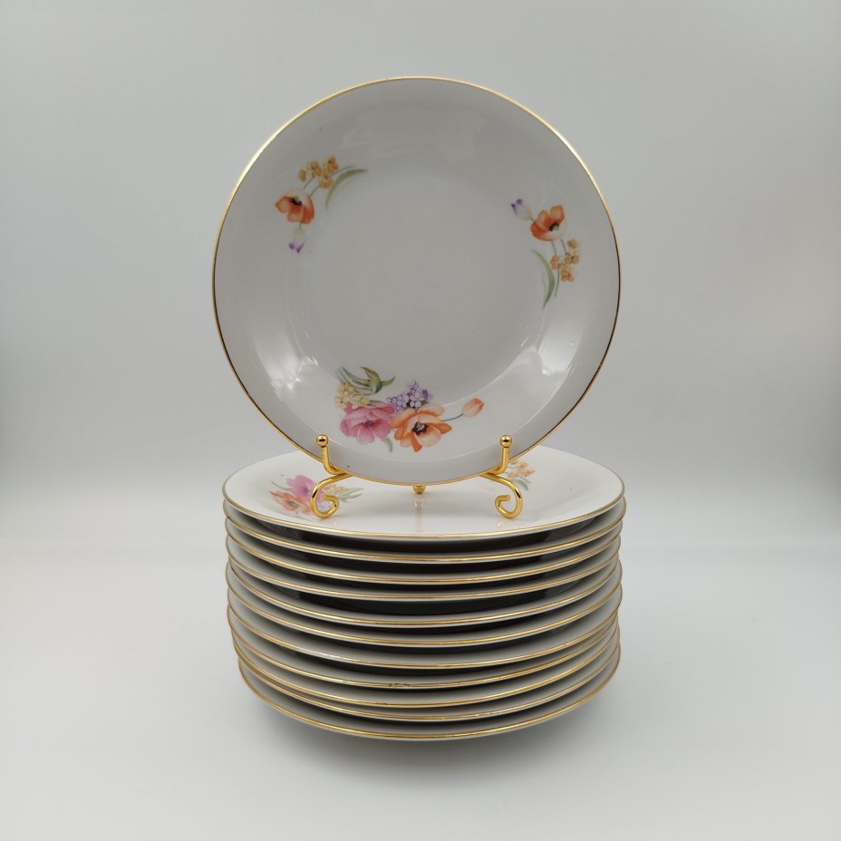 Набор из 12-ти десертных (пирожковых) тарелок с цветочным декором, фарфор, деколь, золочение, Chodziez, Польша, 1964-1990 гг.