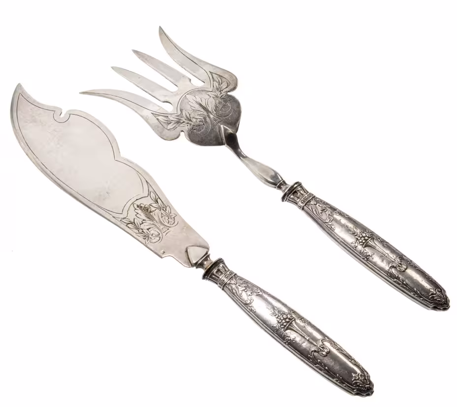 Набор сервировочный для подачи рыбы, серебро 950 пр., Франция, 1900-1930 гг.