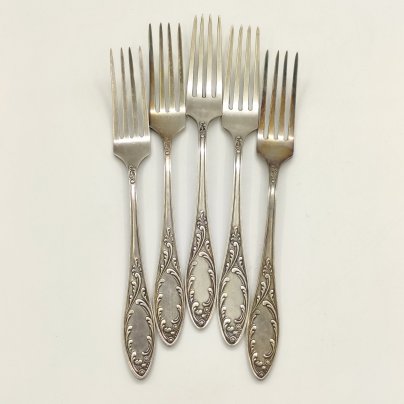 Набор столовых вилок "Пламя" на 5 персон, мНЦ (медь-никель-цинк), Кольчугинский завод цветных металлов, СССР, 1930-1950 гг.