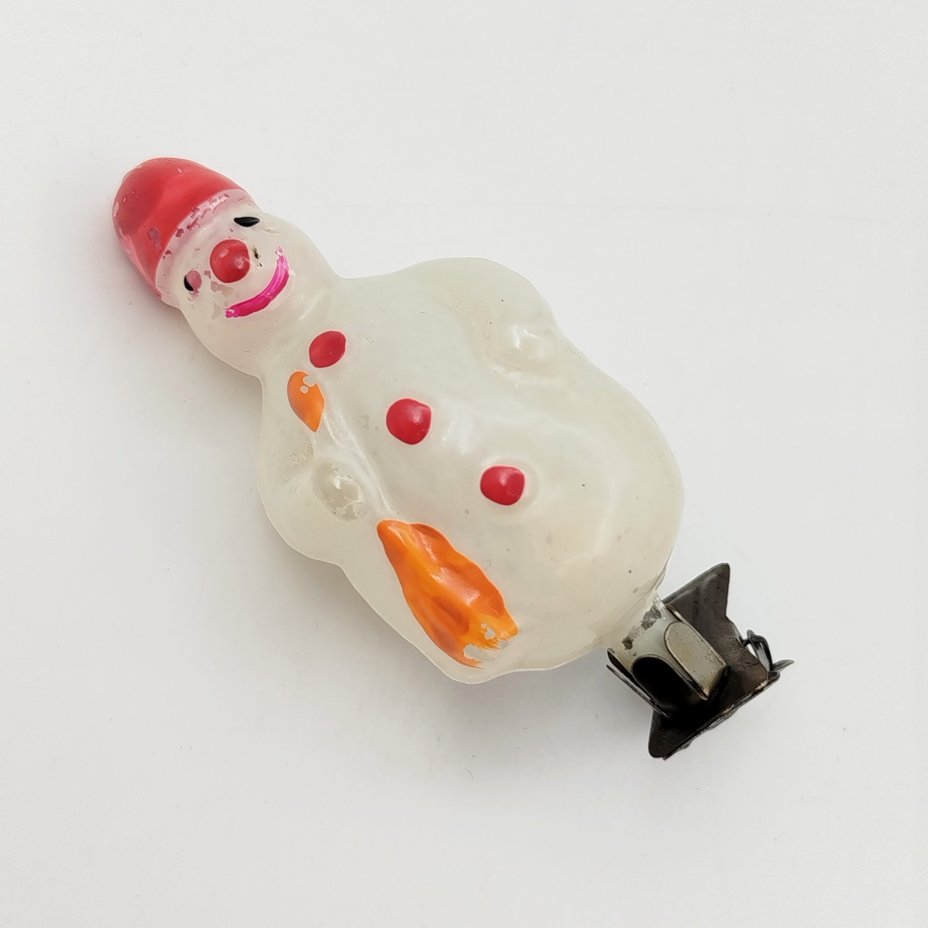 Игрушка ёлочная "Снеговик" из набора "Зима", стекло, роспись, металл, СССР, 1950-1970 гг.