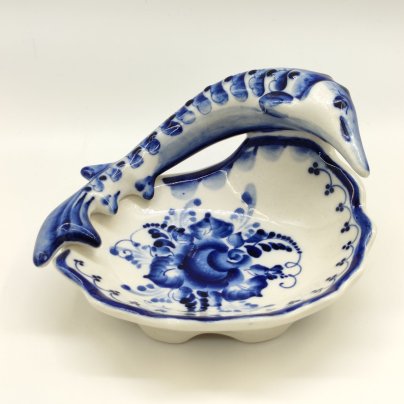 Икорница "Рыба" с цветочным декором, Гжель, фарфор, роспись, СССР, 1991-2015 гг.