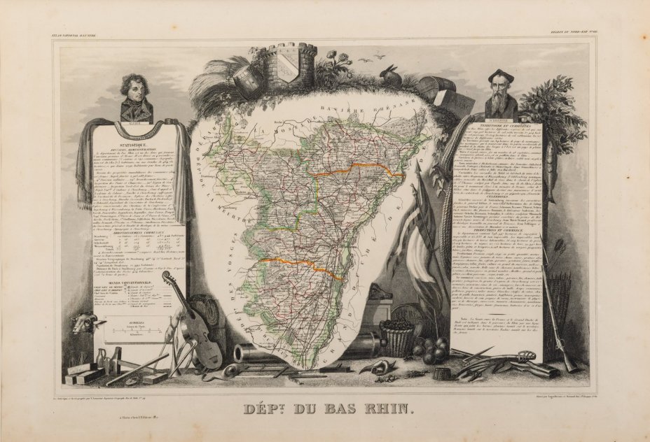 Гравюра "Карта Дю-Бас-Рин (Dept. du Bas Rhin)" в раме, автор Виктор Левассер (Victor Levasseur)