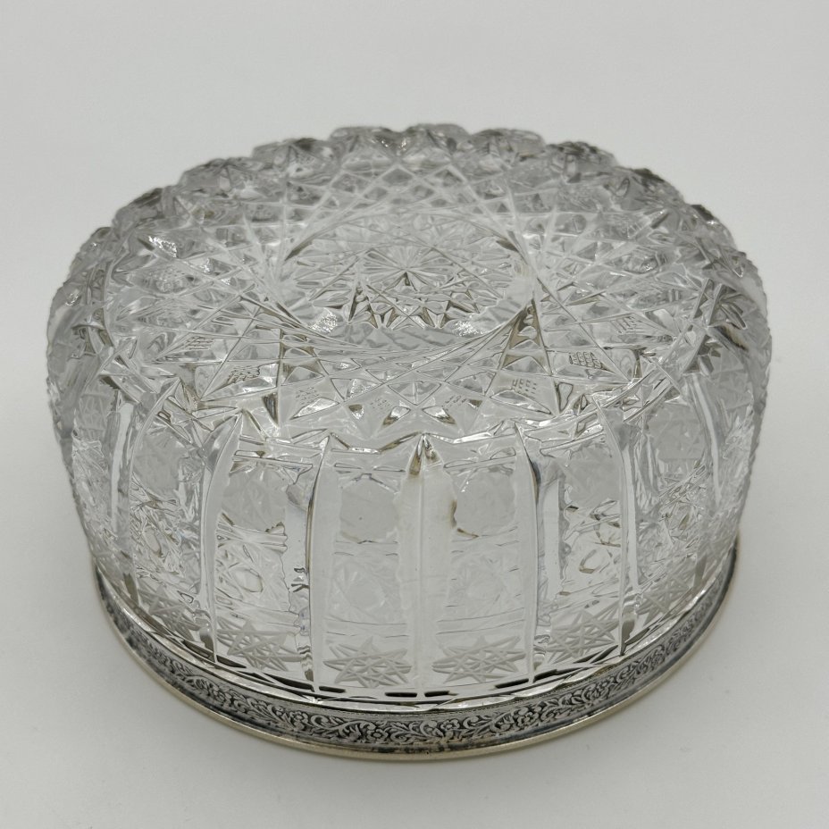 Ваза (конфетница) с орнаментальным ободком, хрусталь, мельхиор, СССР, 1960-1980 гг.