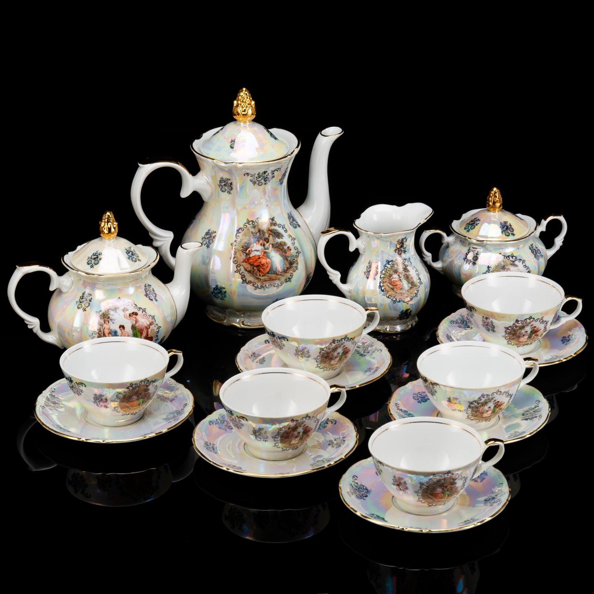 Сервиз чайно-кофейный "Мадонна" на 6 персон (16 предметов), фарфор, деколь, люстр, золочение, Kahla, ГДР, 1967-1987 гг.