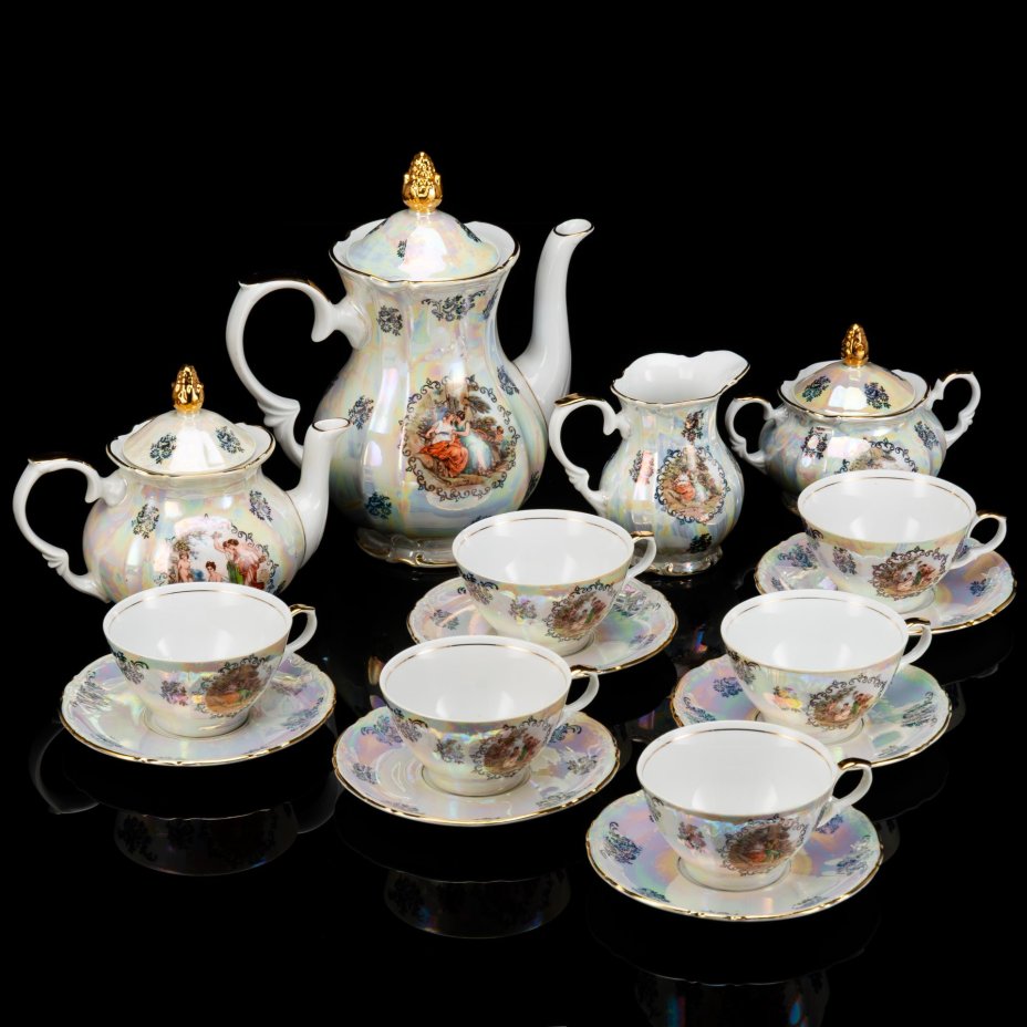 Сервиз чайно-кофейный "Мадонна" на 6 персон (16 предметов), фарфор, деколь, люстр, золочение, Kahla, ГДР, 1967-1987 гг.