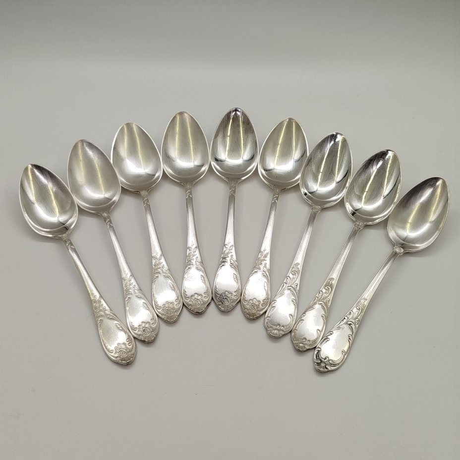 Набор столовых ложек с растительным декором на 9 персон, мНЦ (медь-никель-цинк), Вольнянский завод столовых приборов им. Шевченко (ЗiШ, ЗиШ), СССР, 1960-1990 гг.