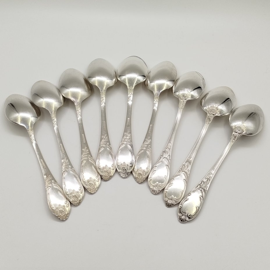 Набор столовых ложек с растительным декором на 9 персон, мНЦ (медь-никель-цинк), Вольнянский завод столовых приборов им. Шевченко (ЗiШ, ЗиШ), СССР, 1960-1990 гг.