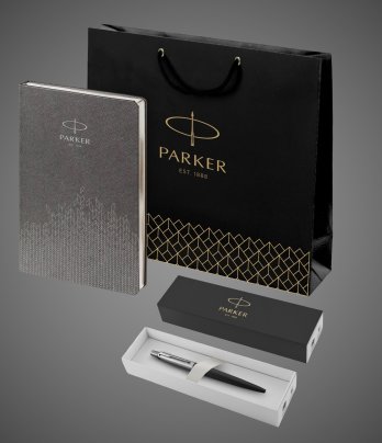 Подарочный набор: Шариковая ручка Parker Jotter Essential, Satin Black CT и Ежедневник недатированный, серый, Лаки и смолы: лак, нержавеющая сталь