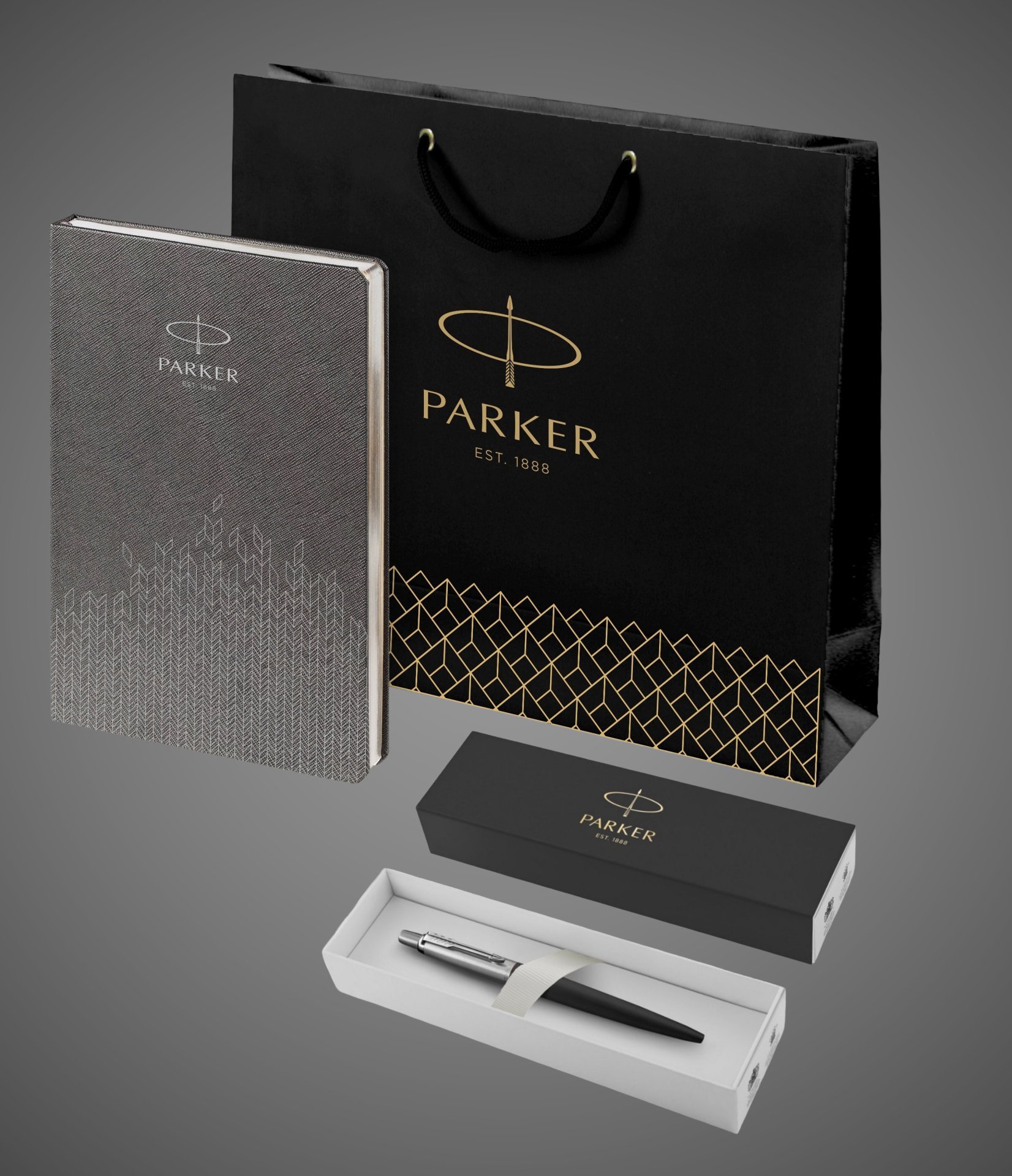 Подарочный набор: Шариковая ручка Parker Jotter Essential, Satin Black CT и Ежедневник недатированный, серый, Лаки и смолы: лак, нержавеющая сталь