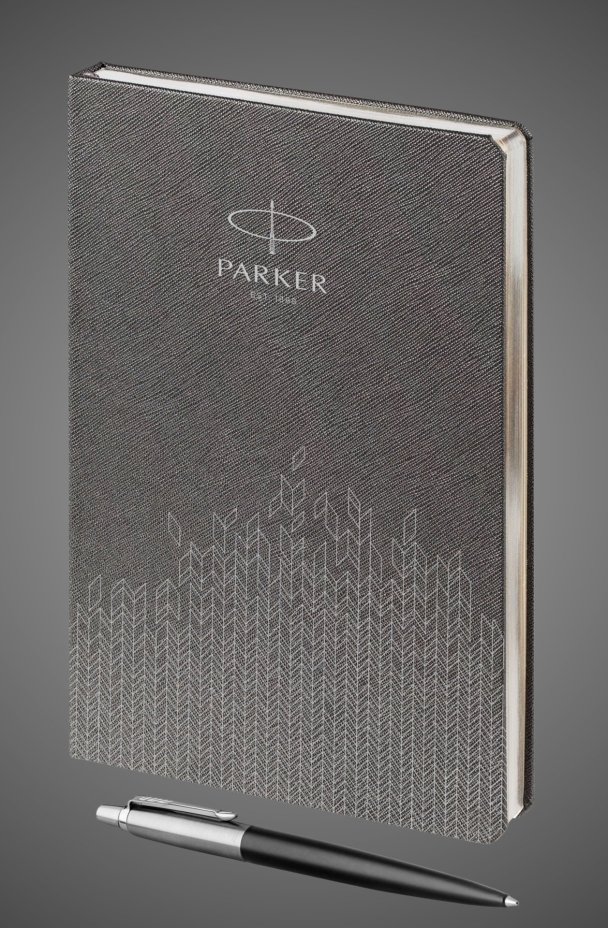 Подарочный набор: Шариковая ручка Parker Jotter Essential, Satin Black CT и Ежедневник недатированный, серый, Лаки и смолы: лак, нержавеющая сталь