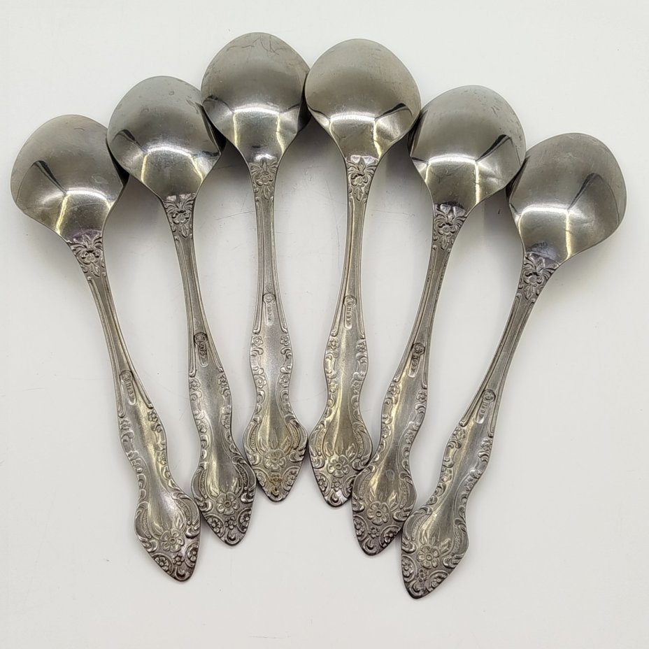 Набор из 6 столовых ложек, украшенных растительным декором, нержавеющая сталь, Павловский завод художественных металлоизделий им. С.М. Кирова