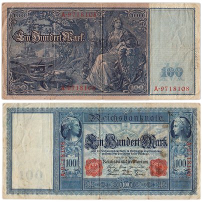 Германия 100 марок 1910 Имперская банкнота (Reichsbanknote) красные печати