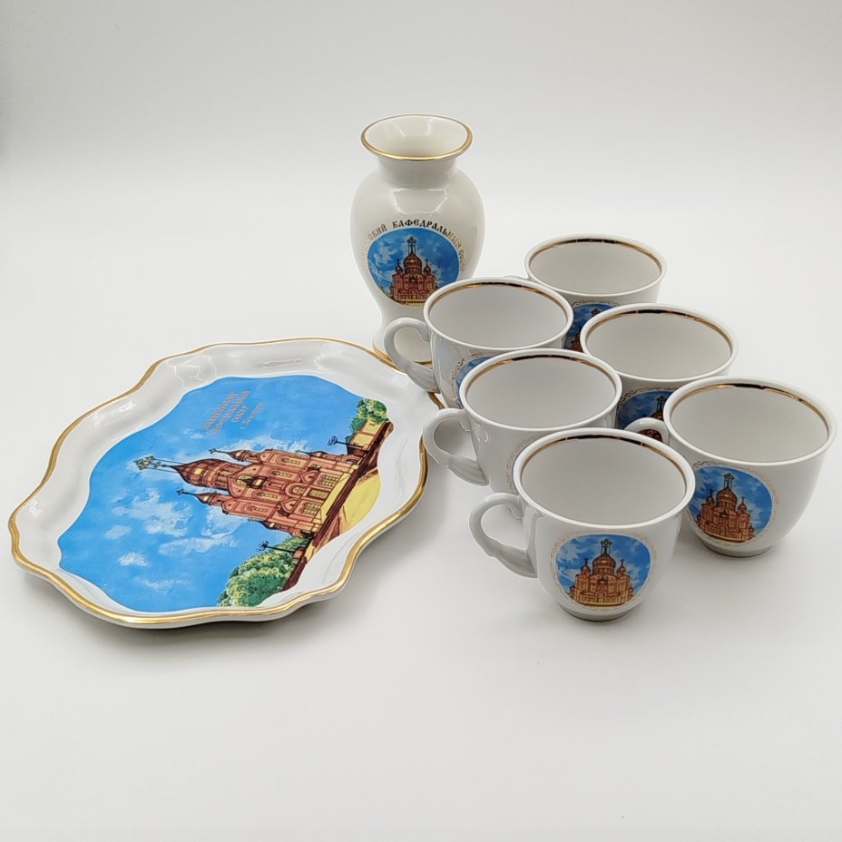 Набор чайный "Знаменский кафедральный собор, г. Кемерово" (поднос, 6 чашек и ваза), фирма "Скудельник"