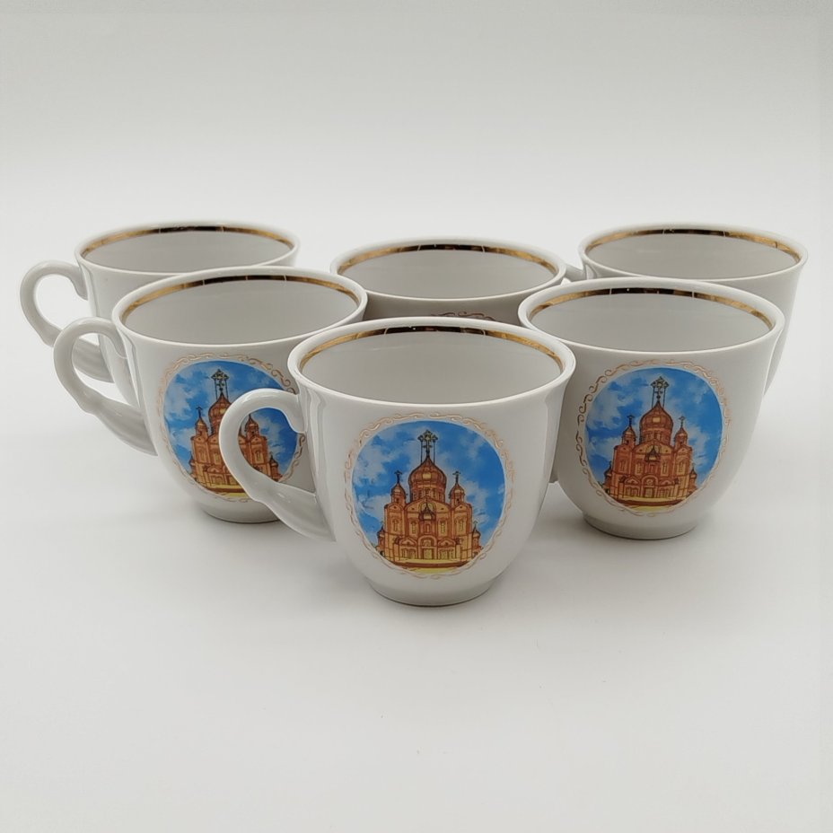 Набор чайный "Знаменский кафедральный собор, г. Кемерово" (поднос, 6 чашек и ваза), фирма "Скудельник"