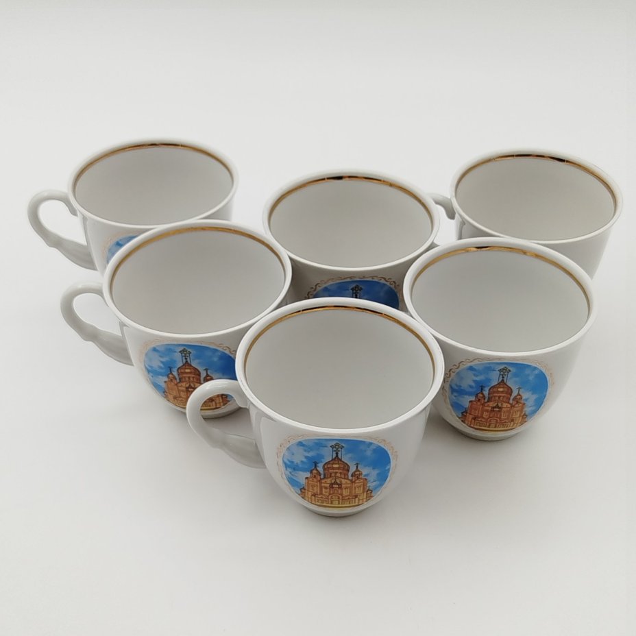 Набор чайный "Знаменский кафедральный собор, г. Кемерово" (поднос, 6 чашек и ваза), фирма "Скудельник"