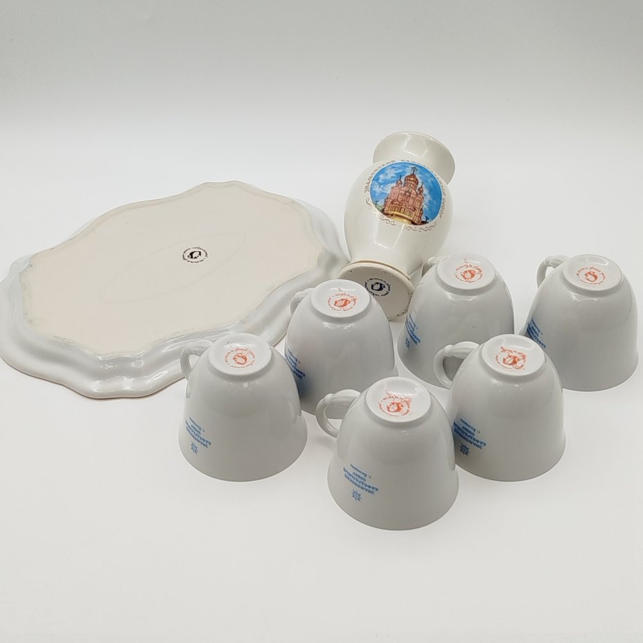 Набор чайный "Знаменский кафедральный собор, г. Кемерово" (поднос, 6 чашек и ваза), фирма "Скудельник"