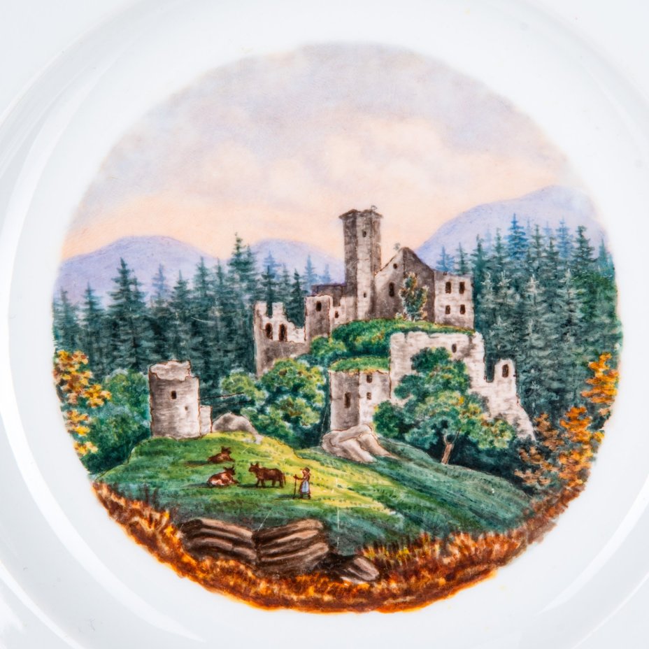 Набор из 4-х десертных тарелок, украшенных пейзажами, Meissen (Мейсенский фарфор), фарфор, золочение, деколь (владельческая), Meissener Porzellan (Мейсенский фарфор)
