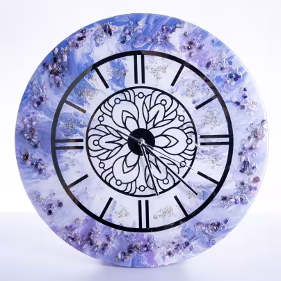 Часы настенные "Нежность", авторская ручная работа в технике Resin Art, Глянцевое 3D покрытие, натуральный камень, Россия, 2021 г.