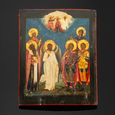 Икона "Избранные Святые" (Св. муч. Екатерина, Св. препод. Феодосия, Св. Василий, Ангел Хранитель, Св. Благоверный князь Александр Невский, Св. муч. Меркурий)