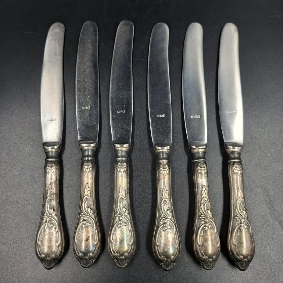 Набор из шести десертных/закусочных ножей с растительным декором, сталь, мельхиор, Латвия, 1930-1960 гг.