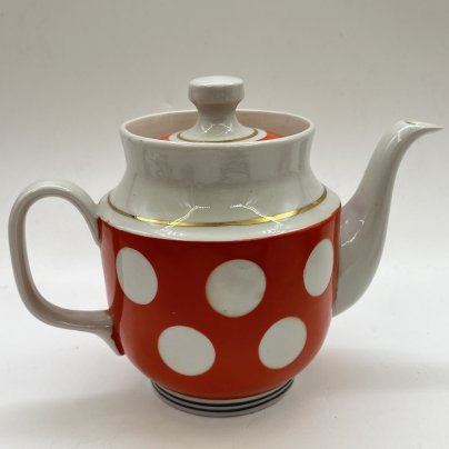Чайник заварочный с декором в горох, фарфор, крытье, золочение, Довбышский фарфоровый завод (Довбыш), СССР, 1970 г.