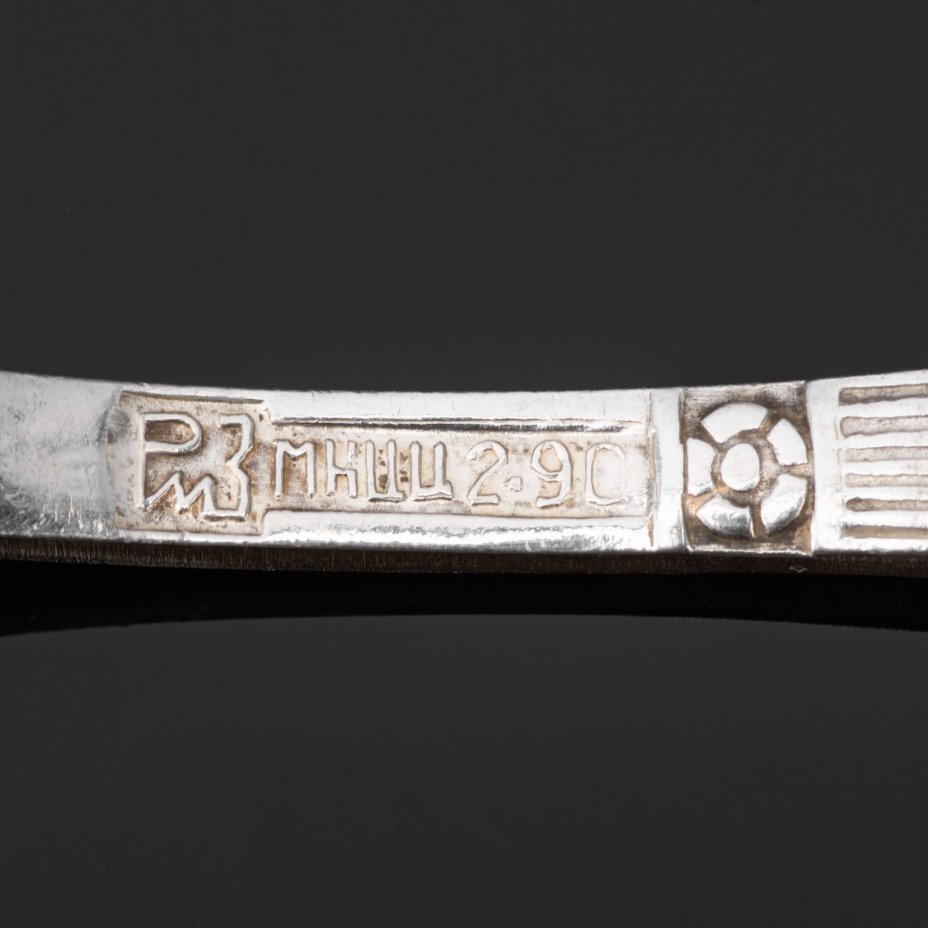 Набор столовых приборов на 6 персон, украшенных растительным декором, в коробке (28 предметов), мНЦ (медь-никель-цинк), картон, ткань, Режевский механический завод (РМ), СССР, 1970-1990 гг.