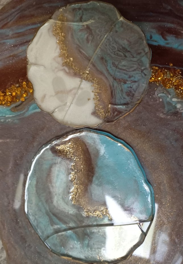 Набор для подачи чая "Принцесса" (5 предметов), авторская работа в технике Resin Art, глянцевое 3D покрытие, камень, Россия, 2021 г.