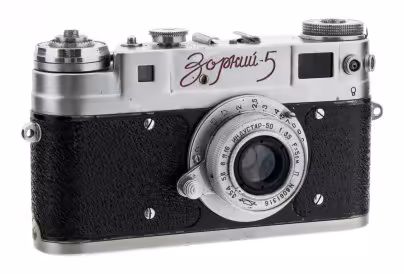 Фотоаппарат "Зоркий-5" с объективом "Индустар-50" в оригинальном кофре, металл, пластик, стекло, кожа, Красногорский механический завод, СССР, 1958 г., Красногорский механический завод (КМЗ)