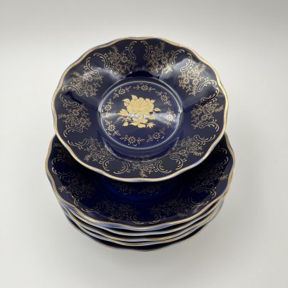 Набор блюдец "Роза" кобальтового цвета с золотистым узором на 6 персон, фарфор, крытье, деколь, золочение, Moritz Zdekauer (MZ), Чехия, 1991-2010 гг.