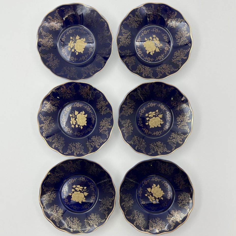 Набор блюдец "Роза" кобальтового цвета с золотистым узором на 6 персон, фарфор, крытье, деколь, золочение, Moritz Zdekauer (MZ), Чехия, 1991-2010 гг.