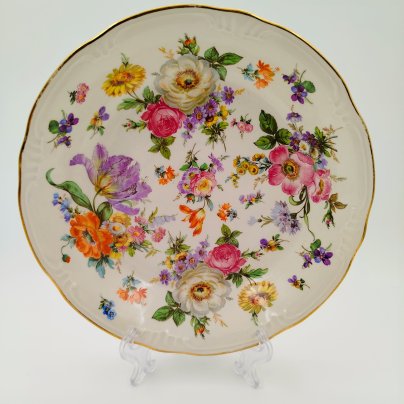 Сервировочное блюдо с цветочным декором, фаянс, деколь, золочение, Boch Freres Keramis, Бельгия, 1960-1980 гг.