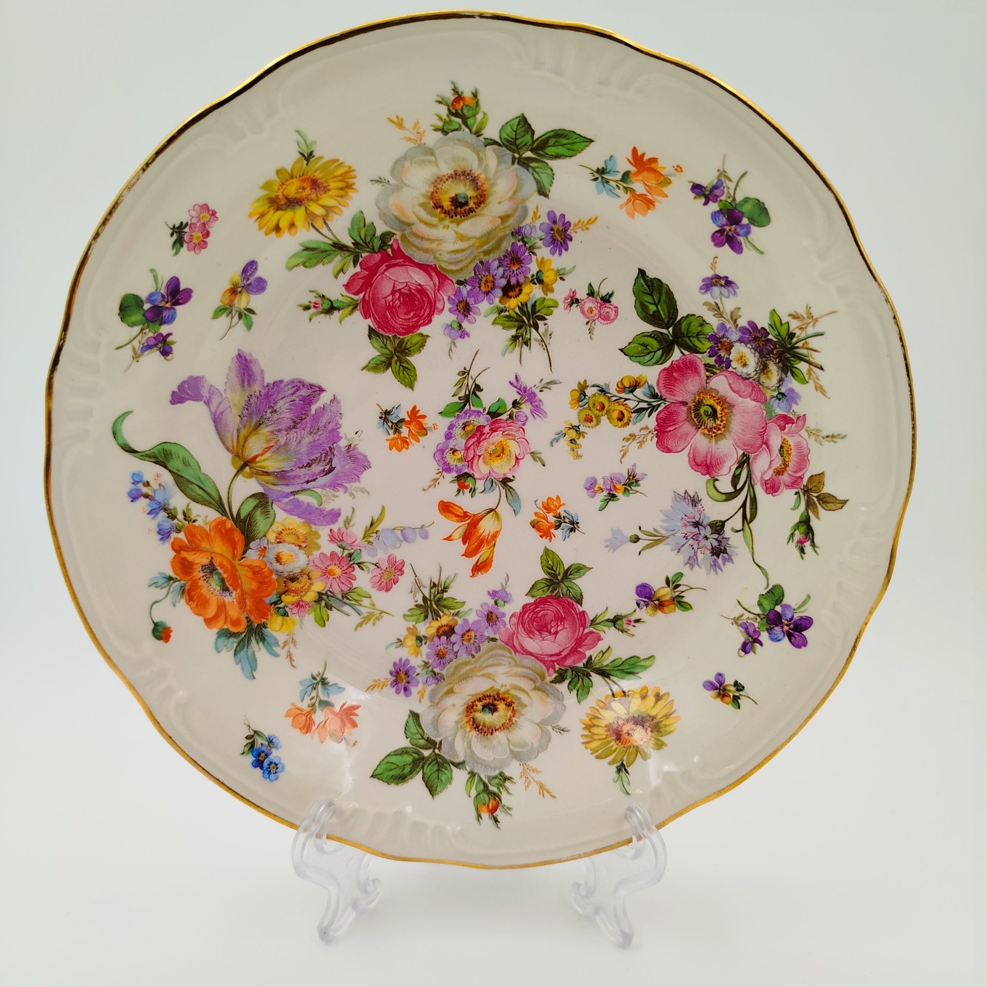 Сервировочное блюдо с цветочным декором, фаянс, деколь, золочение, Boch Freres Keramis, Бельгия, 1960-1980 гг.