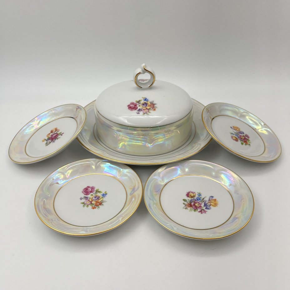 Набор для сервировки (масленка и 4 розетки), украшенный цветочным декором, фарфор, деколь, люстр, золочение, Spezial Eisenberg Porzellan (SEP), ГДР, 1960-1980 гг.