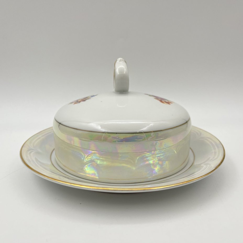 Набор для сервировки (масленка и 4 розетки), украшенный цветочным декором, фарфор, деколь, люстр, золочение, Spezial Eisenberg Porzellan (SEP), ГДР, 1960-1980 гг.