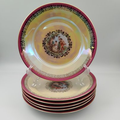 Набор обеденных тарелок из сервиза "Мадонна" на 6 персон, фарфор, деколь, люстр, золочение, Fortuna Eisenberg, Германия, 1960-1973 гг.