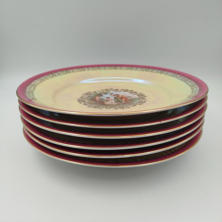 Набор обеденных тарелок из сервиза "Мадонна" на 6 персон, фарфор, деколь, люстр, золочение, Fortuna Eisenberg, Германия, 1960-1973 гг.