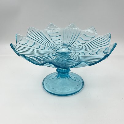 Фруктовница купоросного оттенка с геометрическим декором, стекло, пресс, СССР, 1960-1980 гг.