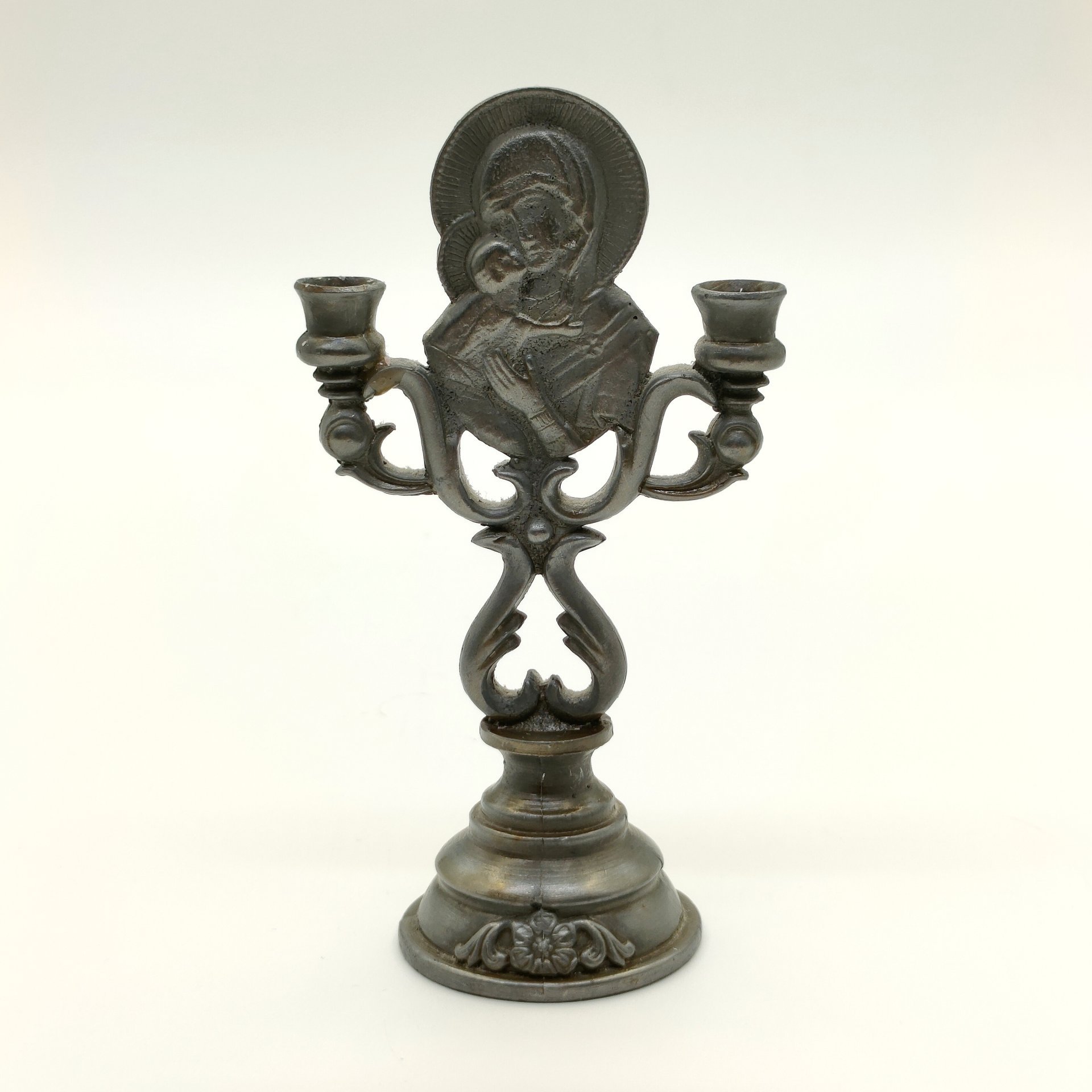 Подсвечник "Богородица" на две свечи, металл, литье, СССР, 1970-1990 гг.