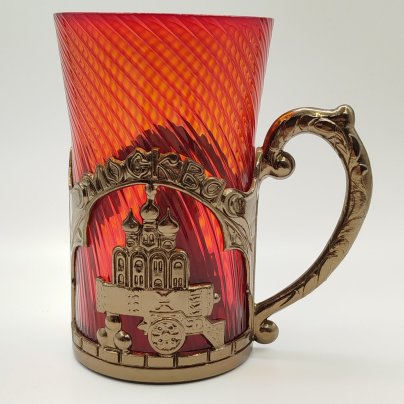 Кружка пивная сувенирная "Москва" в подстаканнике, Московский машиностроительный завод "Авангард", цветное стекло, металл, СССР, 1980-1990 гг.