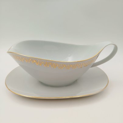 Соусник на подставке с геометрическим орнаментом вдоль борта, фарфор, золочение, Moritz Zdekauer (MZ), Чехословакия, 1960-1980 гг.